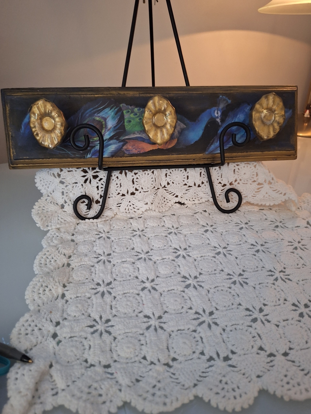 Peacock Motif Wall Hook Rack in Blue and Gold - Unbranded